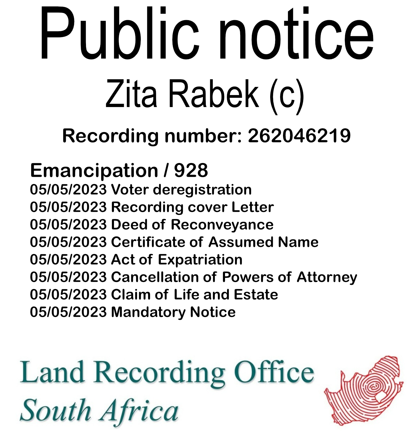 Public notice Zita Rabek Recording number 262046219